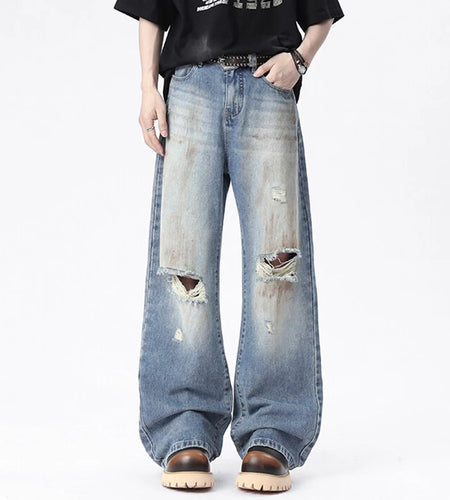 American Men's Denim Pants Hign Street Style Distressed Hole Design Fashion Straght Wide Leg Male Trousers 9W1671