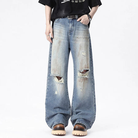 American Men's Denim Pants Hign Street Style Distressed Hole Design Fashion Straght Wide Leg Male Trousers 9W1671
