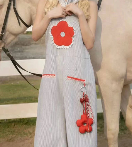 Hit Color Spliced Applique Casual Jumpauits for Women Halter Sleeveless Patchwork Pockets Wide Leg Jumpsuit Female