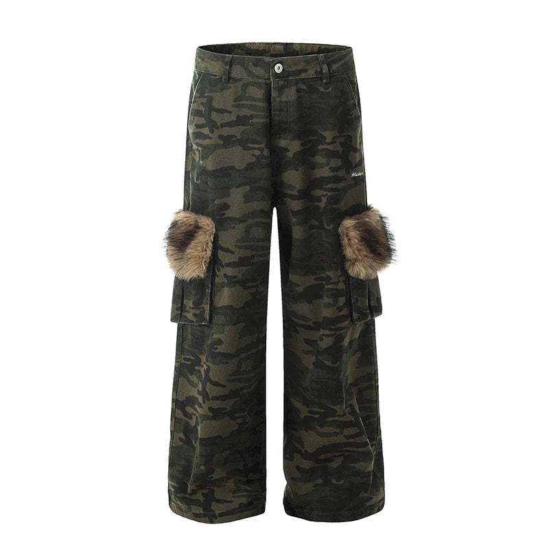 American High Street Male Cargo Pants Fur Design Loose Straight Wide Leg Multi Pockets Chic Male Casual Trousers 9W1957