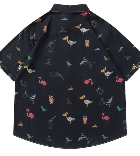 Men Hawaiian Shirts Cartoon Birds Graphic Printed Button Up Short Sleeve Beach Blouse Summer Harajuku Casual Baggy Shirt Tops
