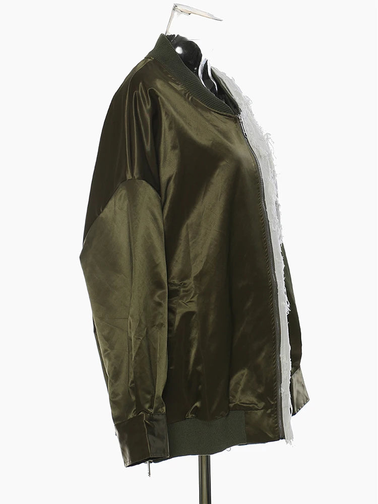 Loose Fit Green Color-block Big Size Jacket New Stand Collar Long Sleeve Women Coat Fashion Spring Autumn 2025 1DE6987