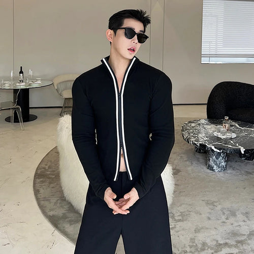 Load image into Gallery viewer, Korean Style Long Sleeve T-shirt Fashion Men&#39;s Clothing Versatile Double Zipper High Collar Cardigan Elgance Male 9C2954
