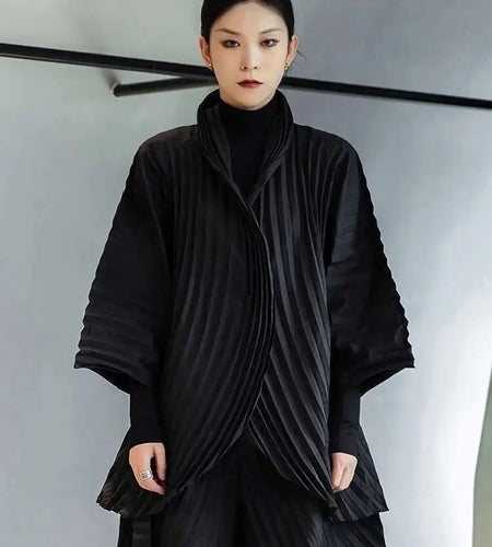 Wide Leg Pants Pleated Two Piece Suit New Turtleneck Long Sleeve Black Loose Fit Women Fashion Spring Autumn 2025 1DE3064
