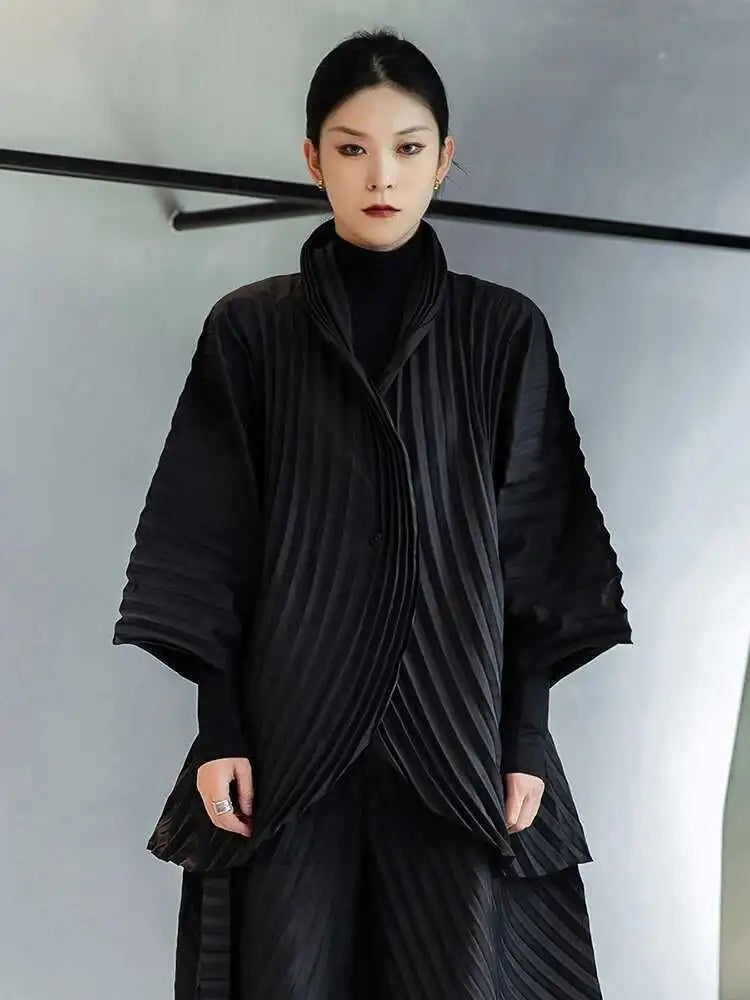 Wide Leg Pants Pleated Two Piece Suit New Turtleneck Long Sleeve Black Loose Fit Women Fashion Spring Autumn 2025 1DE3064