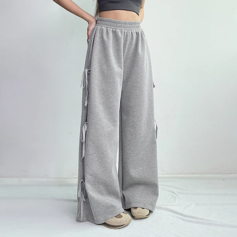 Casual Loose Grey Sweatpants Side Tie-Up Folds Sporty Chic Women Trousers Oversized Straight Leg Joggers Preppy Style