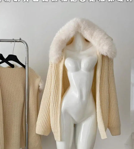 Vintage Chic Women Blue Hooded Cardigan Sweater Beige Elegant Long Sleeved Short Knitted Tops 2024 Autumn Winter Fashion Popular