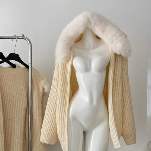 Load image into Gallery viewer, Vintage Chic Women Blue Hooded Cardigan Sweater Beige Elegant Long Sleeved Short Knitted Tops 2024 Autumn Winter Fashion Popular
