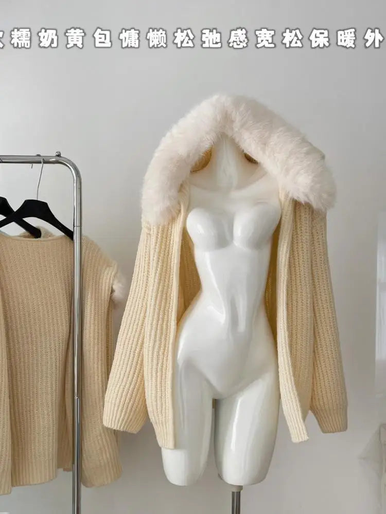 Vintage Chic Women Blue Hooded Cardigan Sweater Beige Elegant Long Sleeved Short Knitted Tops 2024 Autumn Winter Fashion Popular