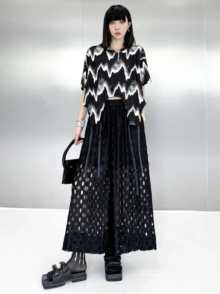 Women Black Striped String Big Size Short T-shirt New Round Neck Short Sleeve Fashion Tide Spring Summer 2025 1DJ0168