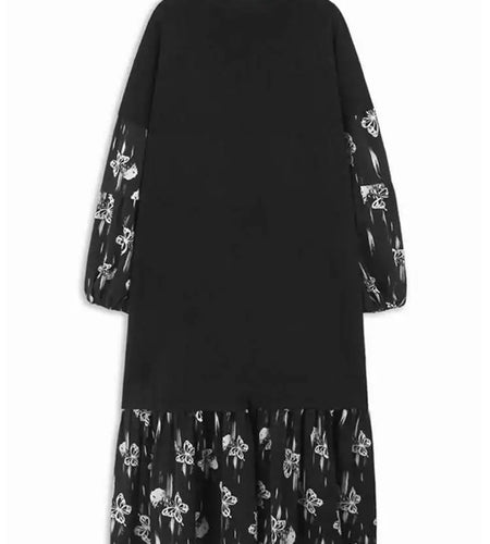 Women Black Knitting Pattern Printed Big Size Midi Dress New V-Neck Long Sleeve Fashion Tide Spring Autumn 2025 1DH7690