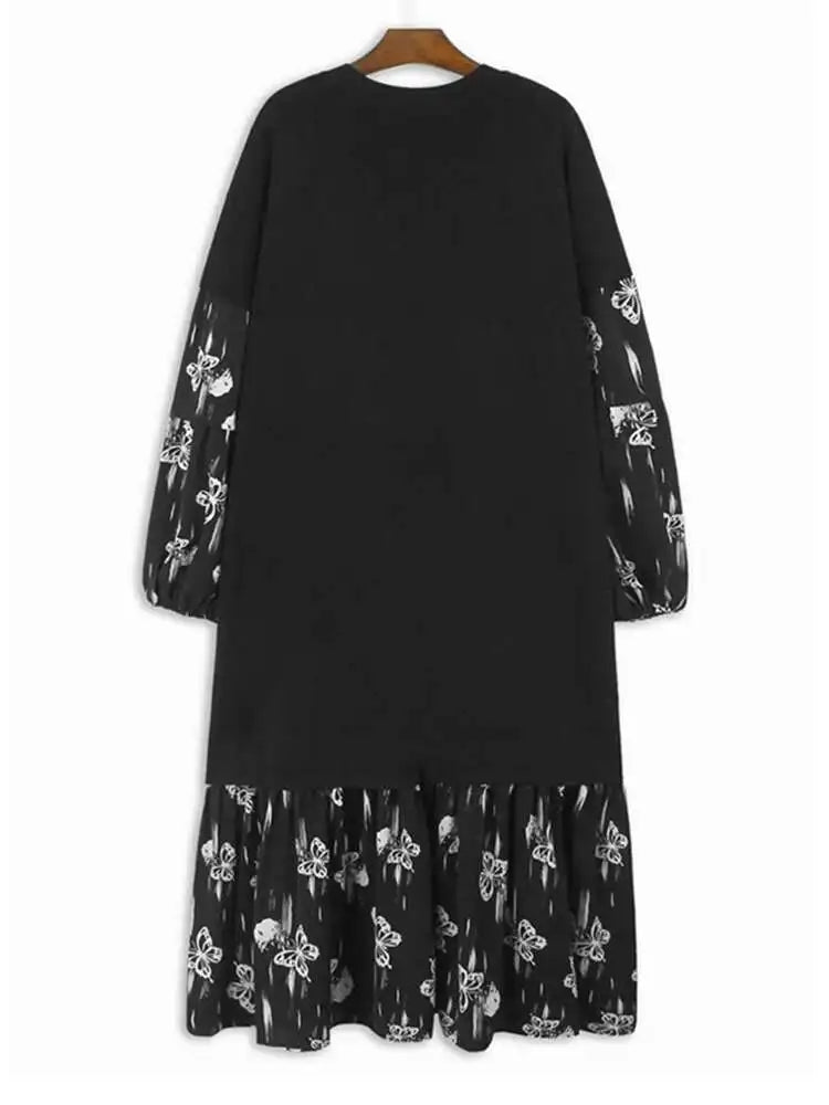 Women Black Knitting Pattern Printed Big Size Midi Dress New V-Neck Long Sleeve Fashion Tide Spring Autumn 2025 1DH7690