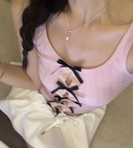 y2k Tank Tops 2000s Women Fairycore Clothing Round Neck Sleeveless T Shirts with Bow Cute Coquette Clothes Streetwear