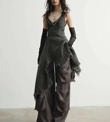 Women 25% Wool Irregular Tassels Burr Hem Vintage Dress New V-Neck Sleeveless Fashion Tide Autumn Winter 2025 1DH4036