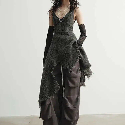 Load image into Gallery viewer, Women 25% Wool Irregular Tassels Burr Hem Vintage Dress New V-Neck Sleeveless Fashion Tide Autumn Winter 2025 1DH4036
