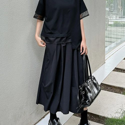 Load image into Gallery viewer, Women Black Irregular Mesh Spliced Big Size T-shirt New Round Neck Short Sleeve Fashion Tide Spring Summer 2025 1DJ1700
