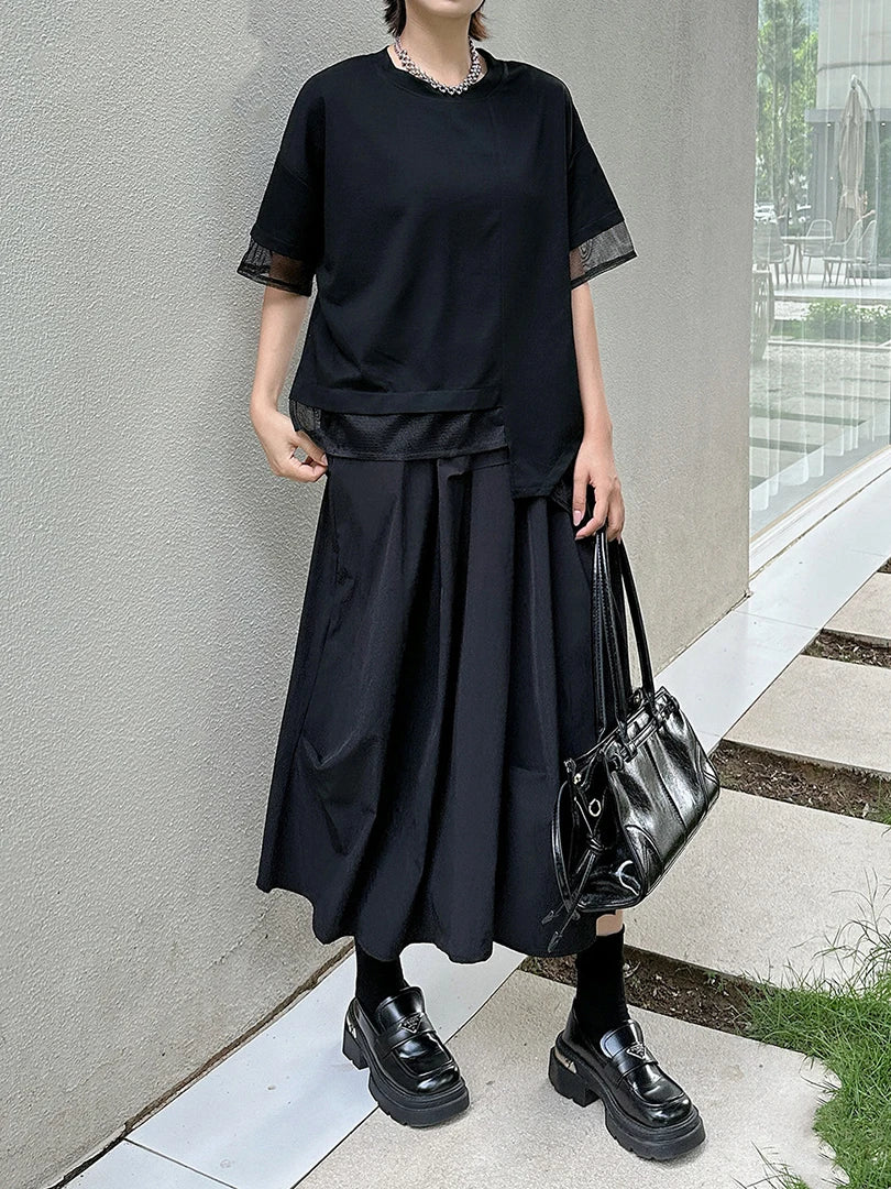 Women Black Irregular Mesh Spliced Big Size T-shirt New Round Neck Short Sleeve Fashion Tide Spring Summer 2025 1DJ1700