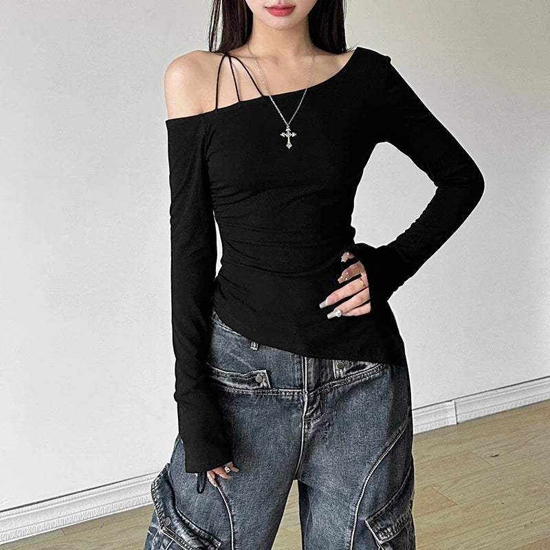 y2k Cold Shoulder Top Women Clothes Solid Color Slant Neck Long Sleeve Asymmetric Hem T Shirts 2000s Gothic Clothing