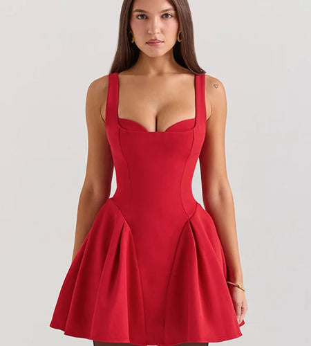 Spaghetti Strap Backless Sexy Mini Dress For Women Robe Solid Sleeveless High Waist A-line Pleated Club Party Dress