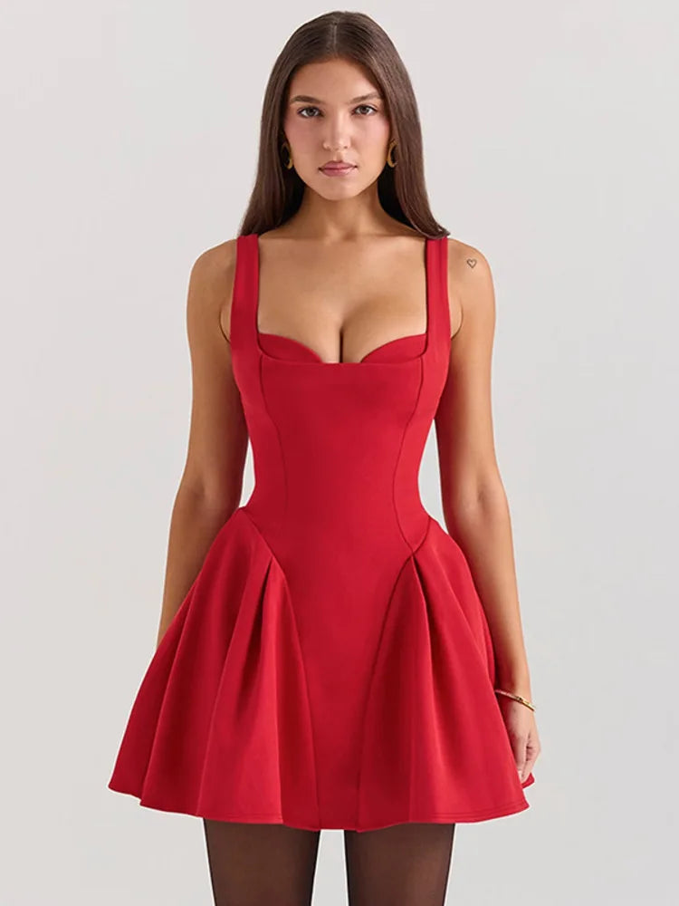 Spaghetti Strap Backless Sexy Mini Dress For Women Robe Solid Sleeveless High Waist A-line Pleated Club Party Dress