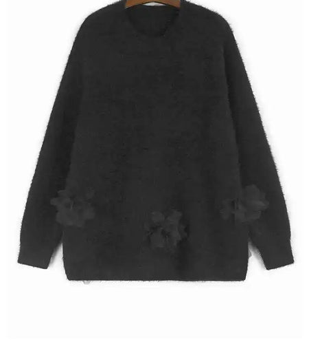 Black Big Size Flower Sweater Skirt Two Pieces Suit New Round Neck Long Sleeve Women Fashion Spring Autumn 2025 1DH9379