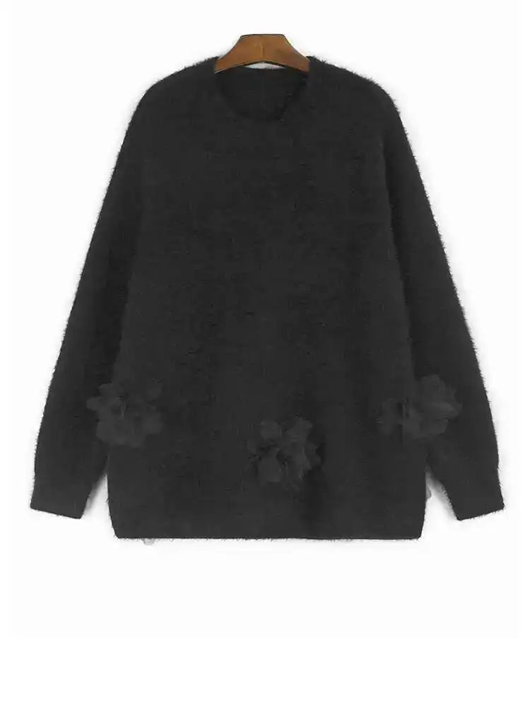 Black Big Size Flower Sweater Skirt Two Pieces Suit New Round Neck Long Sleeve Women Fashion Spring Autumn 2025 1DH9379