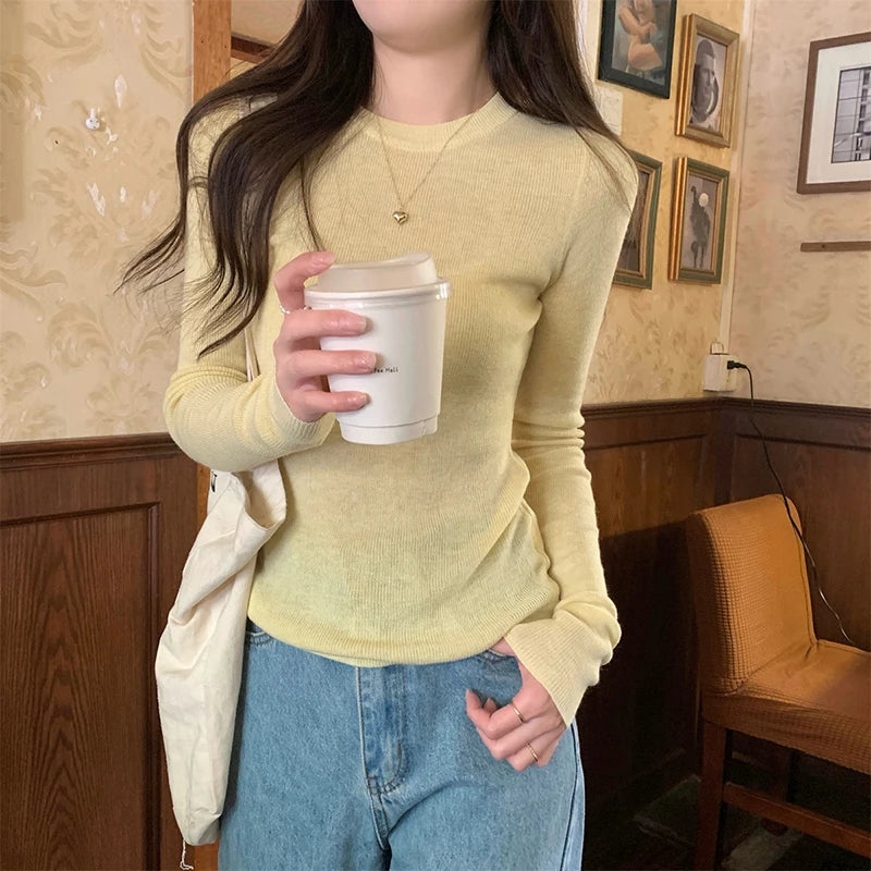 y2k Clothes Tops Women Casual Solid Color Round Neck Long Sleeve Knitted T Shirts 2000s Aesthetic Clothing Streetwear