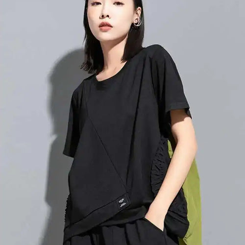Load image into Gallery viewer, Women Green Back Long  Ruffles Big Size Casual T-shirt New Round Neck Short Sleeve Fashion Tide Spring Summer 2025 1DH5950

