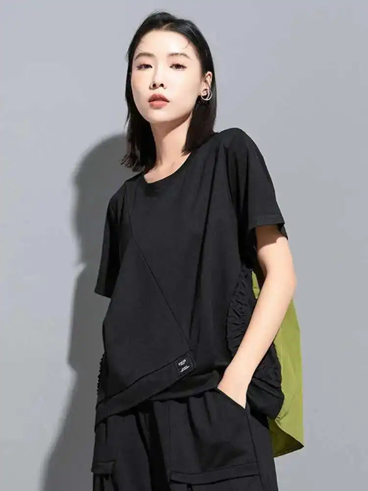 Women Green Back Long  Ruffles Big Size Casual T-shirt New Round Neck Short Sleeve Fashion Tide Spring Summer 2025 1DH5950