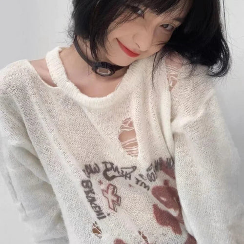 Load image into Gallery viewer, Punk Thin Ripped Hole Sweater Women Hollow Out Y2k Knitted Pullover 2025 Spring Casual Loose Tops Harajuku Print Jumper
