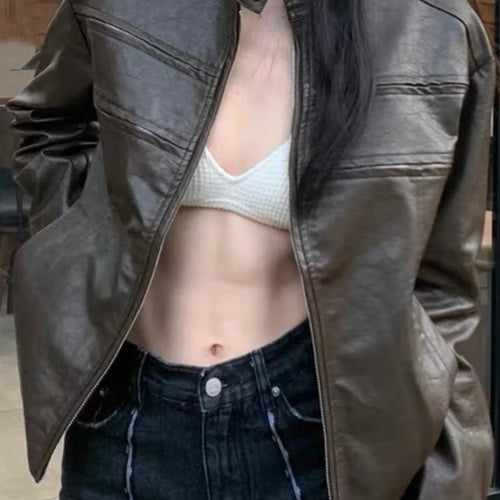 Load image into Gallery viewer, Autumn Harajuku Vintage Bomber Jacket Women Clothes Streetwear Casual Outwear 2025 Ropa Mujer Loose PU Coat Y2k Aesthetic Tops
