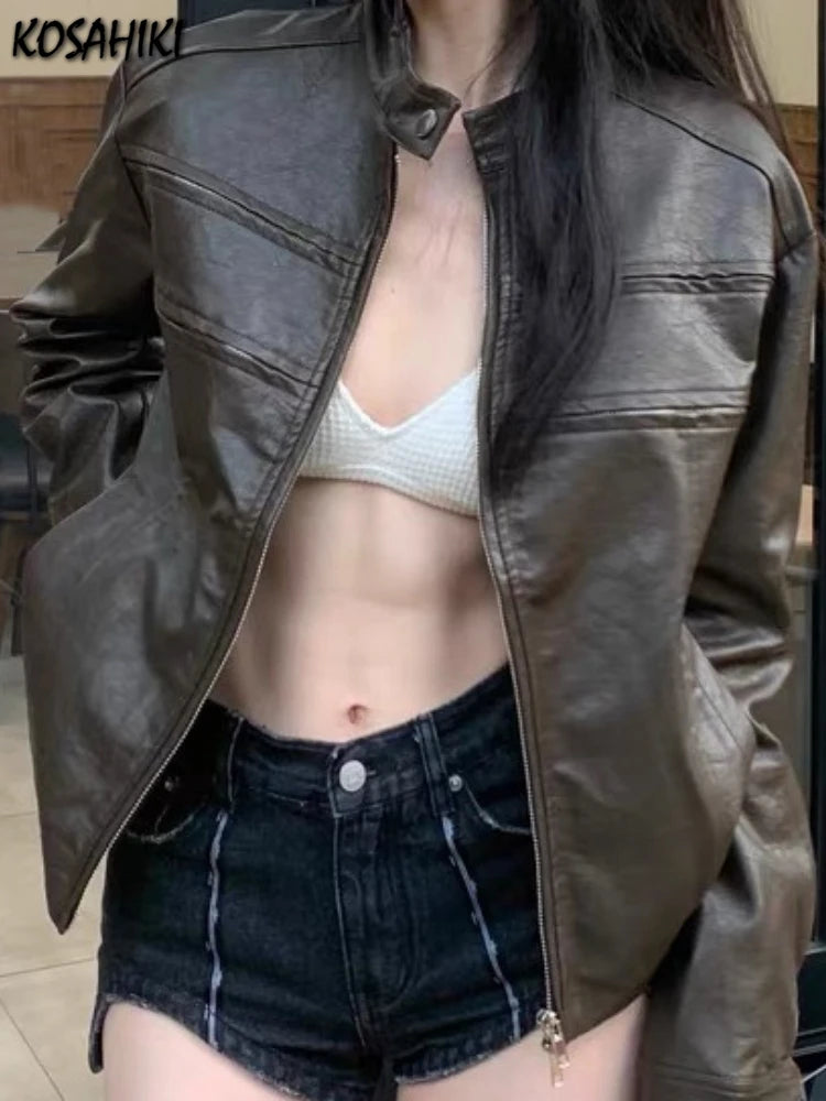 Autumn Harajuku Vintage Bomber Jacket Women Clothes Streetwear Casual Outwear 2025 Ropa Mujer Loose PU Coat Y2k Aesthetic Tops