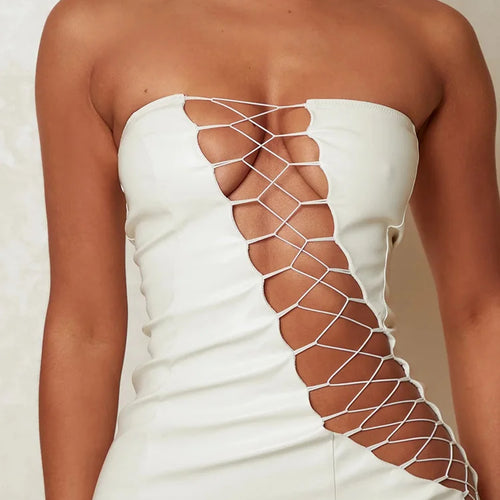 Load image into Gallery viewer, Hollow Out PU Leather Sexy Mini Dresses For Women Strapless Sleeveless Backless Bodycon Party Short Dress Vestido
