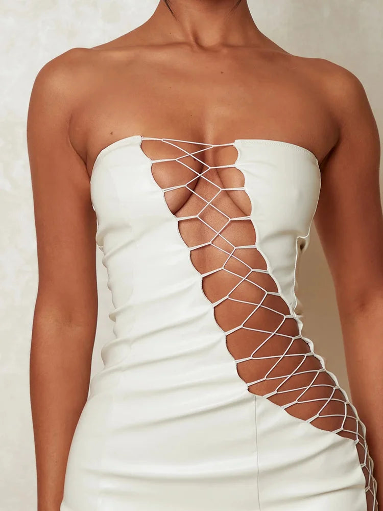 Hollow Out PU Leather Sexy Mini Dresses For Women Strapless Sleeveless Backless Bodycon Party Short Dress Vestido