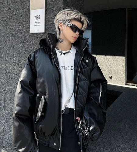 Hooded Men's Padded Jacket Metal Zipper Patchwork Fur Collar PU Leather Solid Color Thick Short Male Tops Winter 9C9285