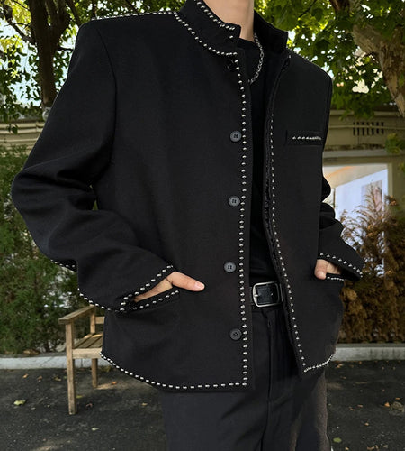 Korean Style Men's Jackets Stand Collar Rivets Design Solid Color Single Breasted Casual Short Male Coats Autumn 9C9207