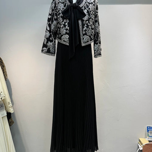 Load image into Gallery viewer, Hit Color Two Piece Set For Women O Neck Long Sleeve Coat Spliced Lace Up Sleeveless High Waist Dress Sets Female
