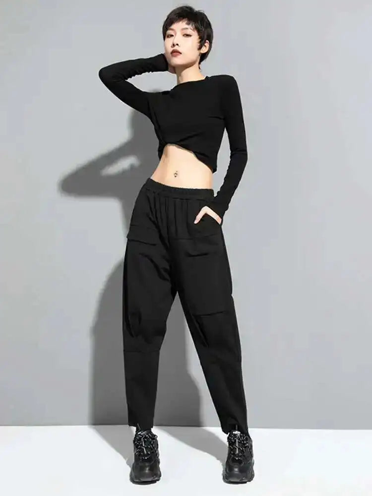 High Elastic Waist Black Pocket Long Harem Pants New Loose Fit Trousers Women Fashion Tide Spring Autumn 2025 1DF1657