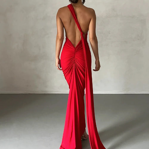 Load image into Gallery viewer, One Shoulder Backless Adjustable Scarf Loop Ruched Sexy Maxi Dress 2025 Women Elegant Y2K Streetwear Festival Outfit
