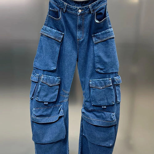 Load image into Gallery viewer, Loose Jeans For Women High Waist Patchwork Pocket Button Casual Temperament Denim Wide Leg Pant Female Autumn Clothing
