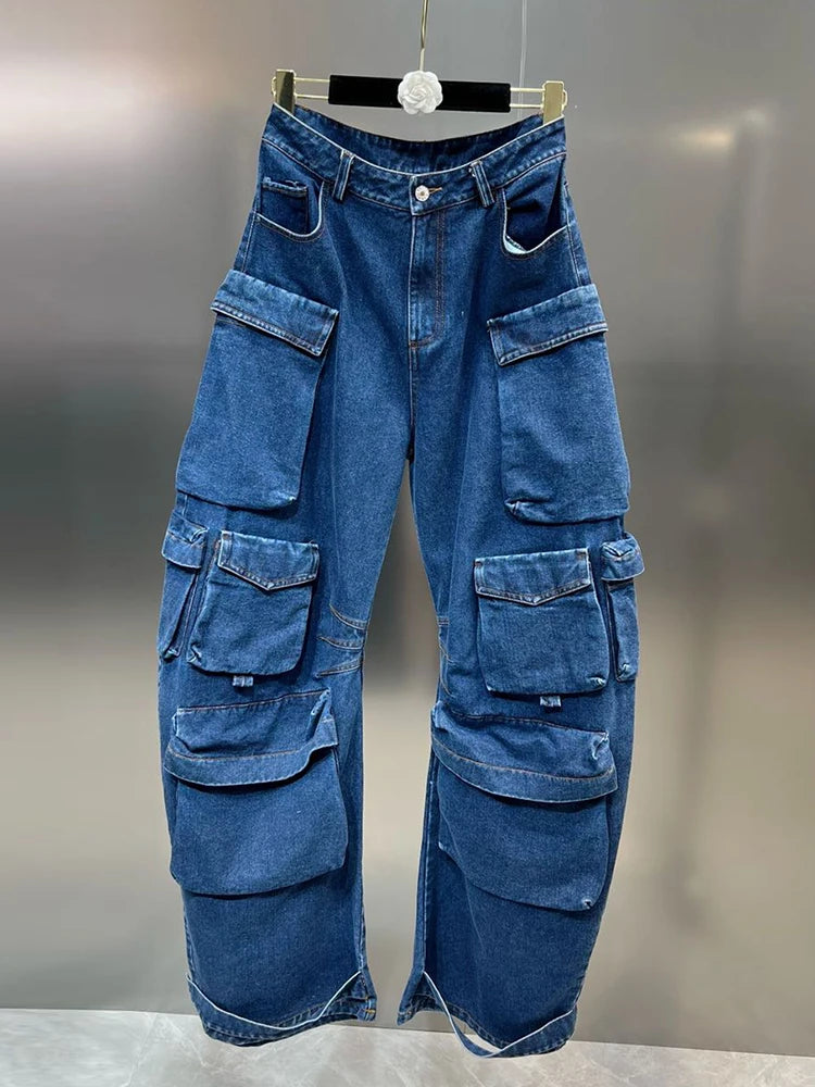 Loose Jeans For Women High Waist Patchwork Pocket Button Casual Temperament Denim Wide Leg Pant Female Autumn Clothing