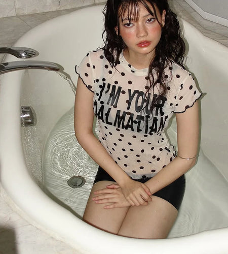 See Through t-Shirts Women Polka Dot Print Ruffles o-Neck Skinny Sexy Midnight Hottie Fashion Summer Street Sweet Tops