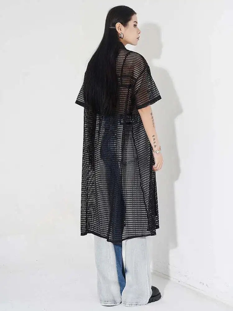 Women Black Mesh Perspective Midi Big Size Shirt Dress New Lapel Short Sleeve Fashion Tide Spring Summer 2025 1DH4934