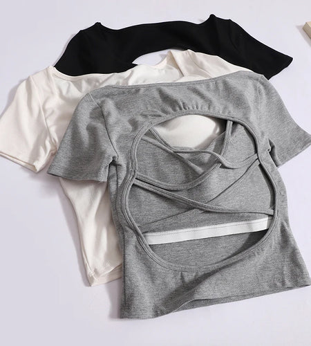 Women Summer Black White Square Collar Sexy Backless Hollow Out T-shirt Gray Slim Short Sleeved Pullovers Tops Causal Streetwear