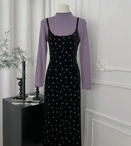 French Women Autumn Winter Fashion Suit Purple Elegant O-neck Long Sleeve Tops And Black Print Velvet Slip Dress Two-piece Sets