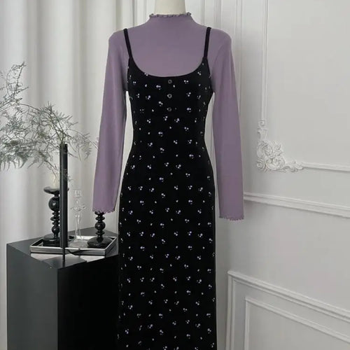 Load image into Gallery viewer, French Women Autumn Winter Fashion Suit Purple Elegant O-neck Long Sleeve Tops And Black Print Velvet Slip Dress Two-piece Sets
