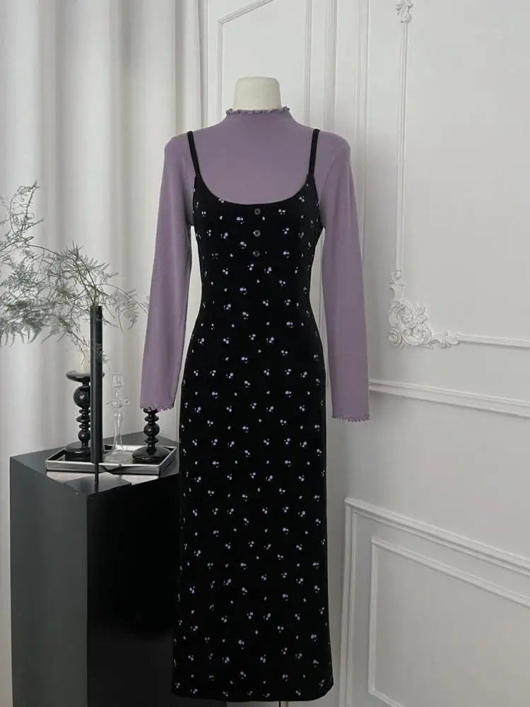 French Women Autumn Winter Fashion Suit Purple Elegant O-neck Long Sleeve Tops And Black Print Velvet Slip Dress Two-piece Sets
