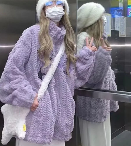 Japanese Embroidery Star Fluffy Women Coats Fashion Sweet Y2k Aesthetic Oversized Jackets Grunge Casual Loose Zipper Purple Coat