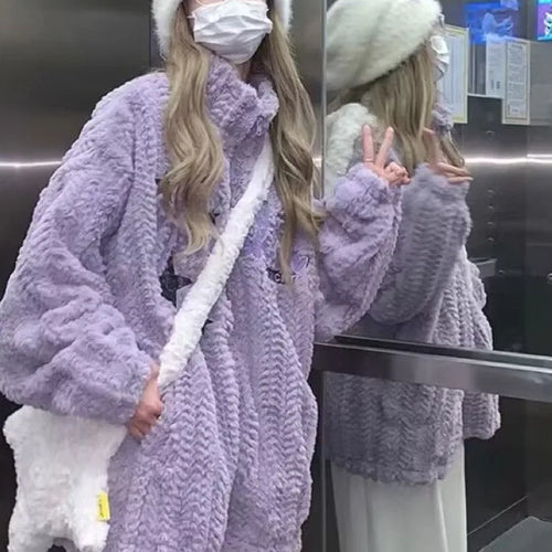 Load image into Gallery viewer, Japanese Embroidery Star Fluffy Women Coats Fashion Sweet Y2k Aesthetic Oversized Jackets Grunge Casual Loose Zipper Purple Coat

