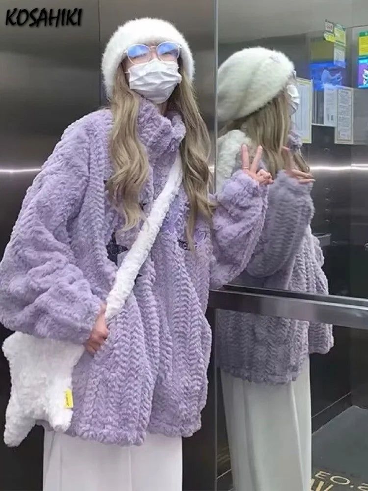Japanese Embroidery Star Fluffy Women Coats Fashion Sweet Y2k Aesthetic Oversized Jackets Grunge Casual Loose Zipper Purple Coat